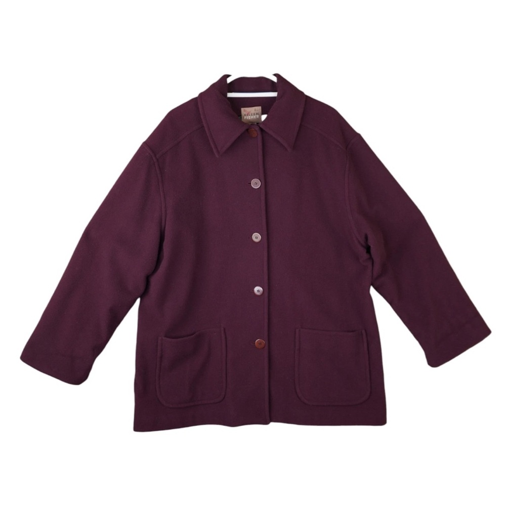 Eillen Fisher 100% Wool Coat Womens Large Burgundy 4 Buttons 2 Pockets USA Made